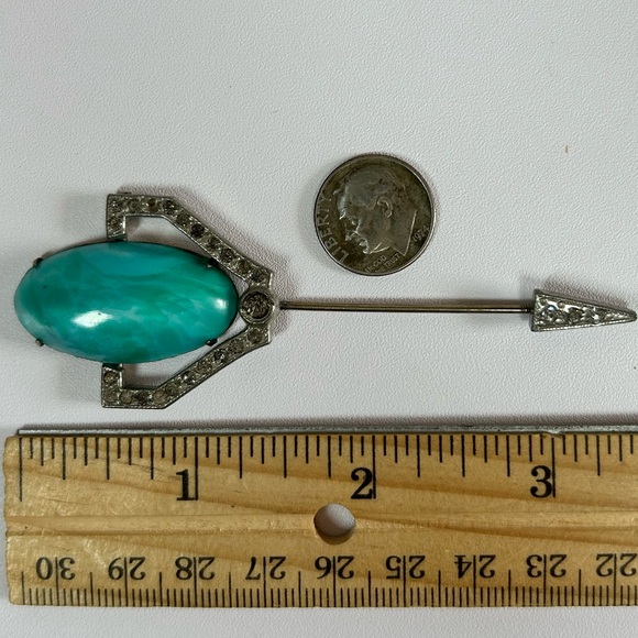 Beautiful Silver Tone Czech Green Peking Glass Art Deco Brooch Pin Paste - Picture 6 of 9